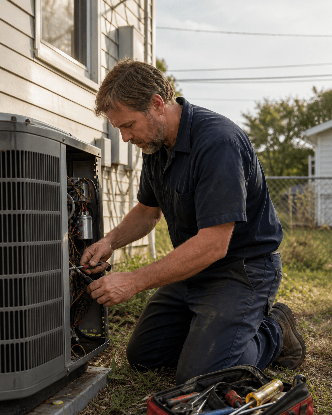 HVAC technician servicing an outdoor air conditioning condenser